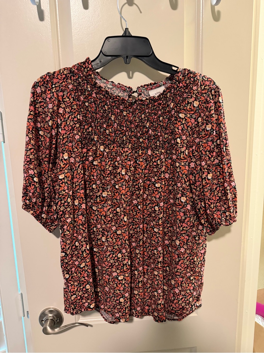 Knox Rose Coral, Black and Cream Floral Smocked Neck Blouse